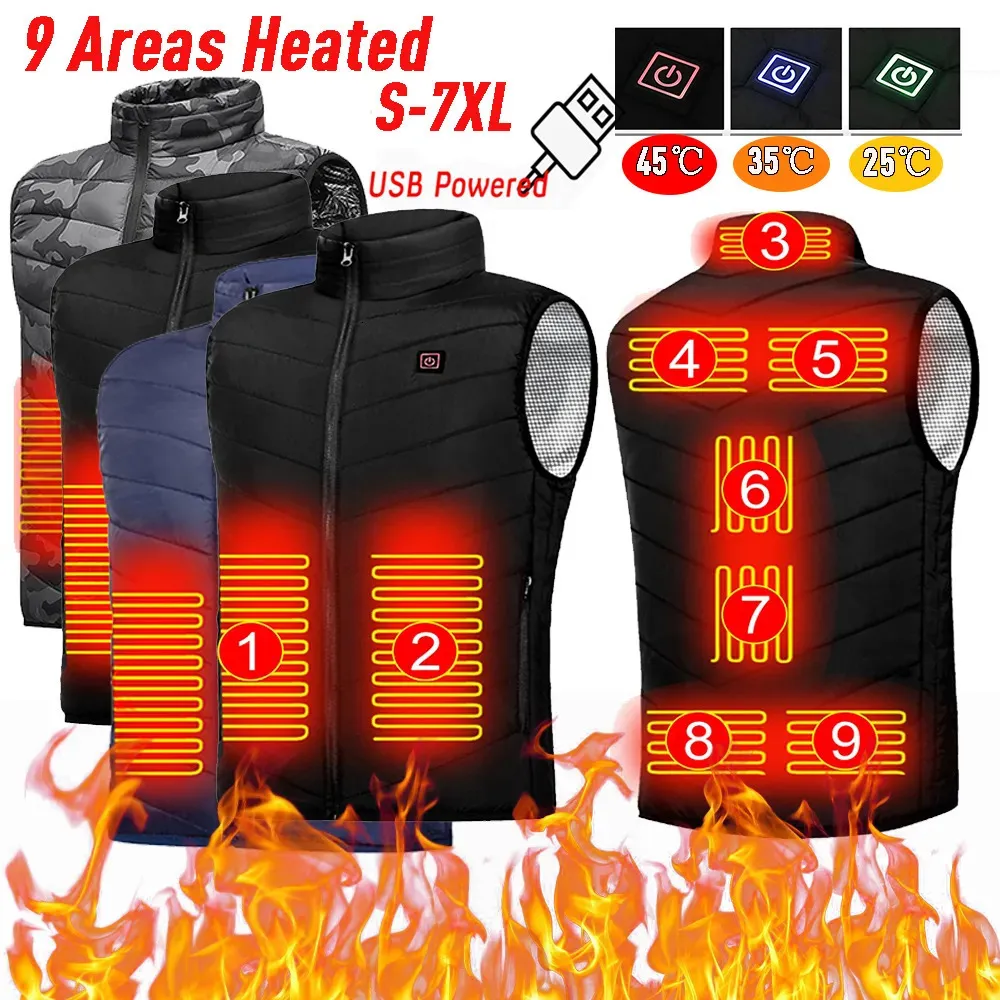 Chalecos para hombre con calefacción eléctrica, 9 zonas, chaleco, chaquetas, ropa deportiva, abrigo, chaqueta calefactora USB con calor de grafeno para acampar 231019