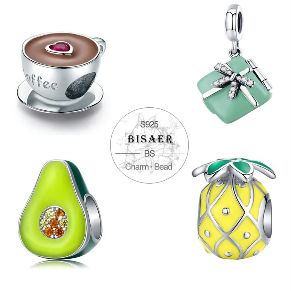 BISAER Pendant Authentic 925 Sterling Silver Green Enamel Gift Box Macaroon Pendant Charm Fit for Women Silver Bracelet GXC663 Q05214T