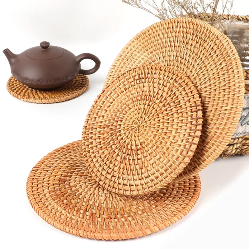 Natural Hand-woven Round Placemat Anti-slip Dining Table Mat Bowl Pads Drink Cup Holder Kitchen Decoration Accessories