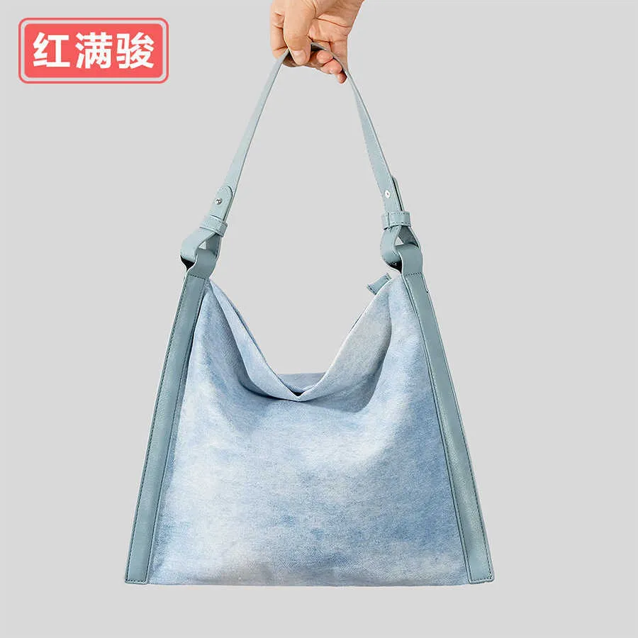 Bolsa de ombro única jeans tingida e lavada para mulheres, bolsa crossbody de camurça fosca de alta qualidade, bolsa de retalhos de nicho nas axilas