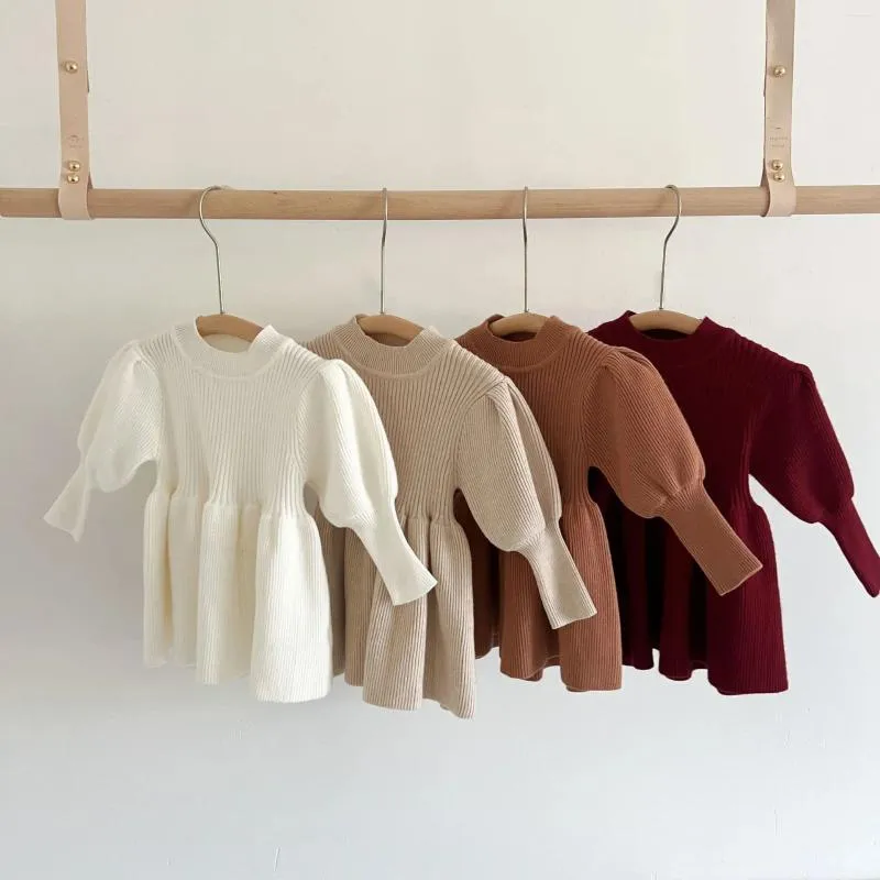 Girl Dresses Korean Fashion Baby Clothes Autumn Winter Warm Puff Sleeve Knitted Sweater Dress Girls Cute Soft Knitwear O-Neck Kid