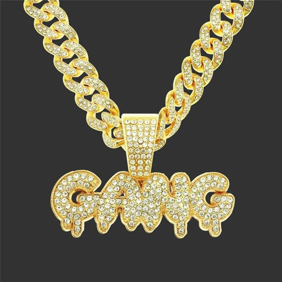 Collane con ciondolo Gioielli Hip Hop per uomo Zircone Lettera GANG con collana a catena a maglia cubana Miami ghiacciata Regali per feste267F