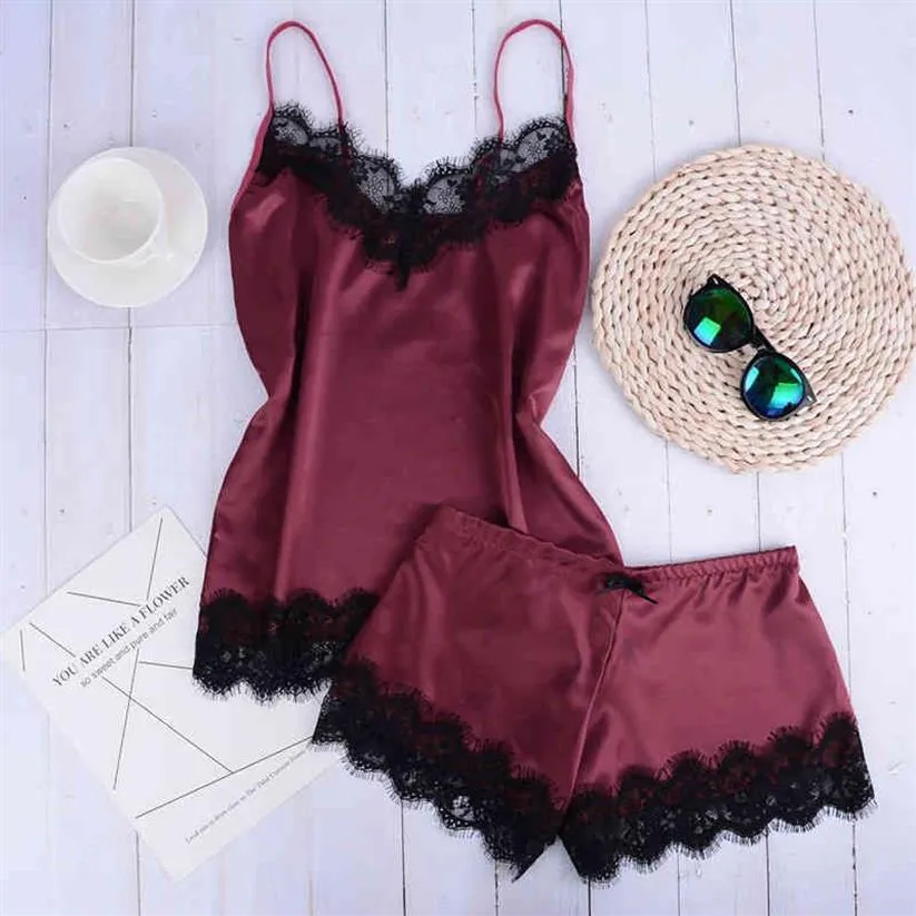 2020 nuove donne arco indumenti da notte senza maniche cinghia da notte indumenti da letto in pizzo raso Cami Top pigiama set femme sexy pigiami lingerie donna T20233g