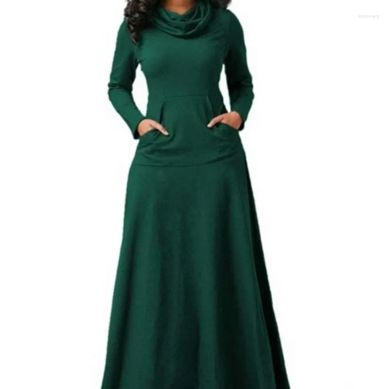 Robes décontractées automne et hiver mode femme vert patchwork poche tablier grande balançoire robe longue manches élégantes