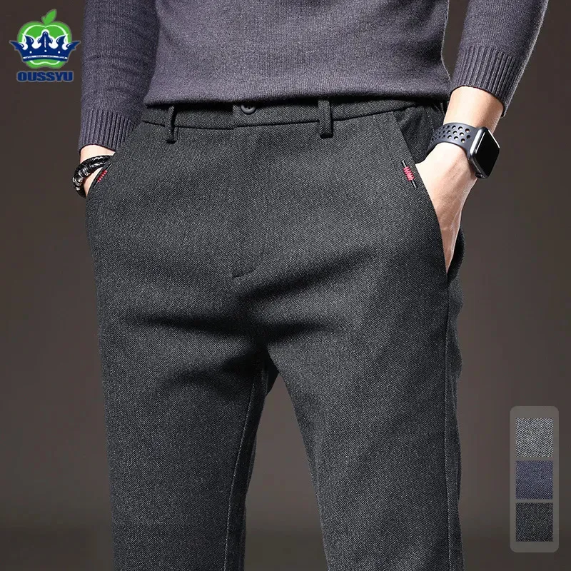 Męskie spodnie 2023 Zimowa tkanina szczotkowana swobodny moda biznesowa Slim Fit Stretch grube niebieskie czarne bawełniane spodnie Mężczyzna 231018