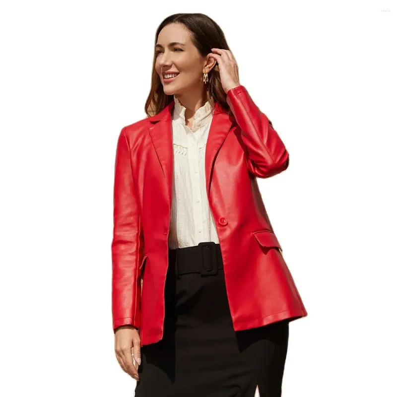 Women's Leather Red Small Suit Autumn Long Sleeved Slim Fitting Soft Female Single Button Commuting Casual Solid Jacket