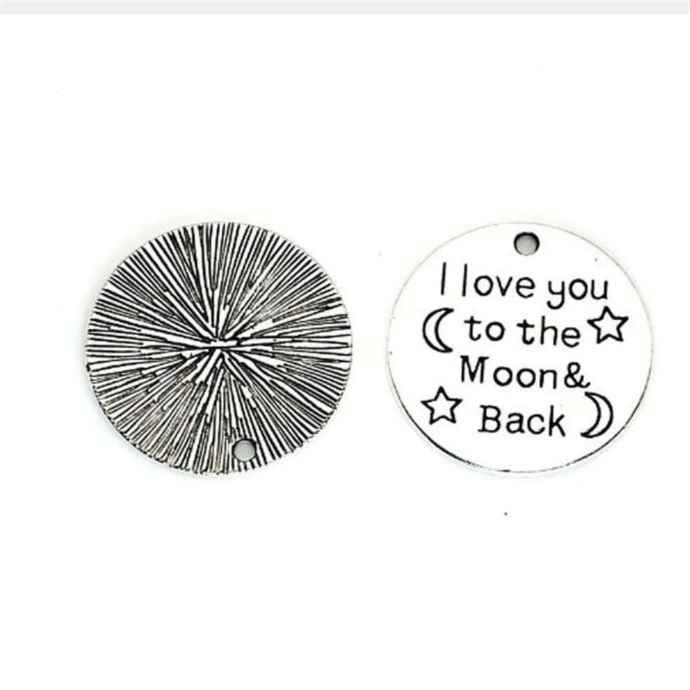 100 Stück Antik-Silber „I Love You to the Moon and Back“-Charms-Anhänger, 25 mm, 247 l