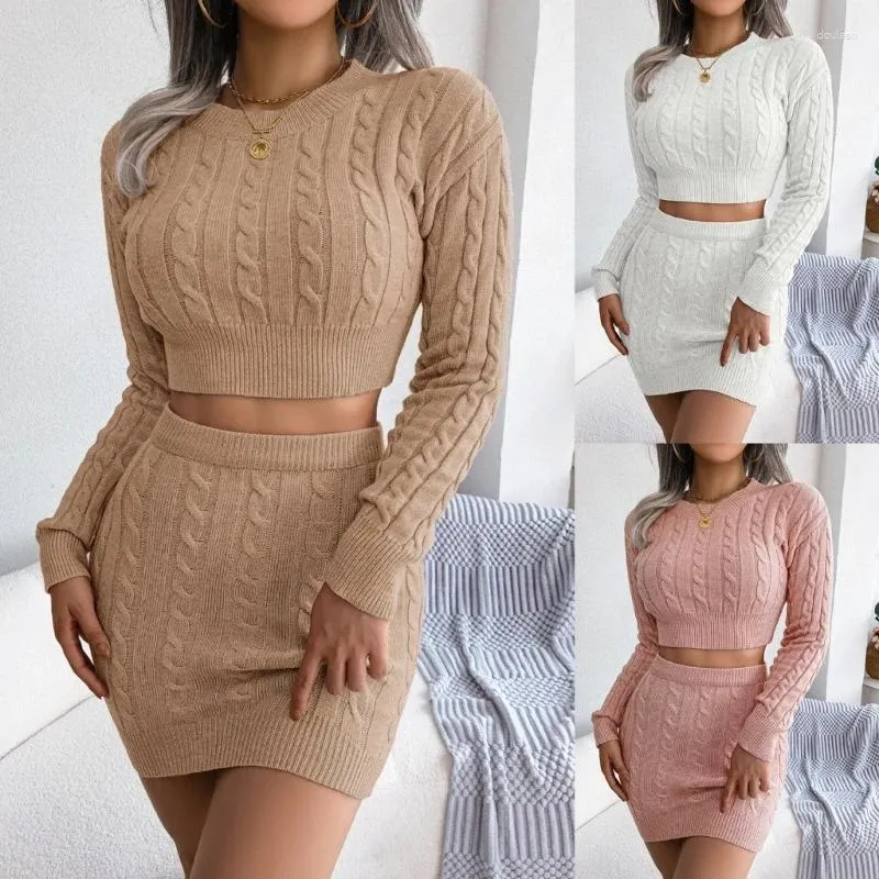 Vestidos de trabajo Conjunto de suéter sexy Trajes para mujer Otoño Invierno Punto Top flaco y mini falda H7EF