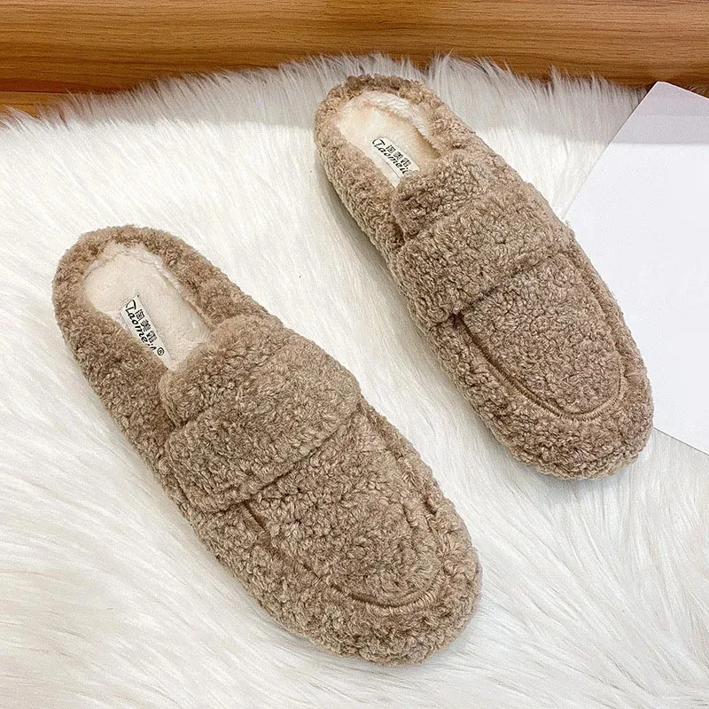 Slippers Net Red Fluffy Slippers Women Wear Autumn Winter Baotou Half Support Cotton Shoes Winter Plus Cashmere Warm Large Size 231019