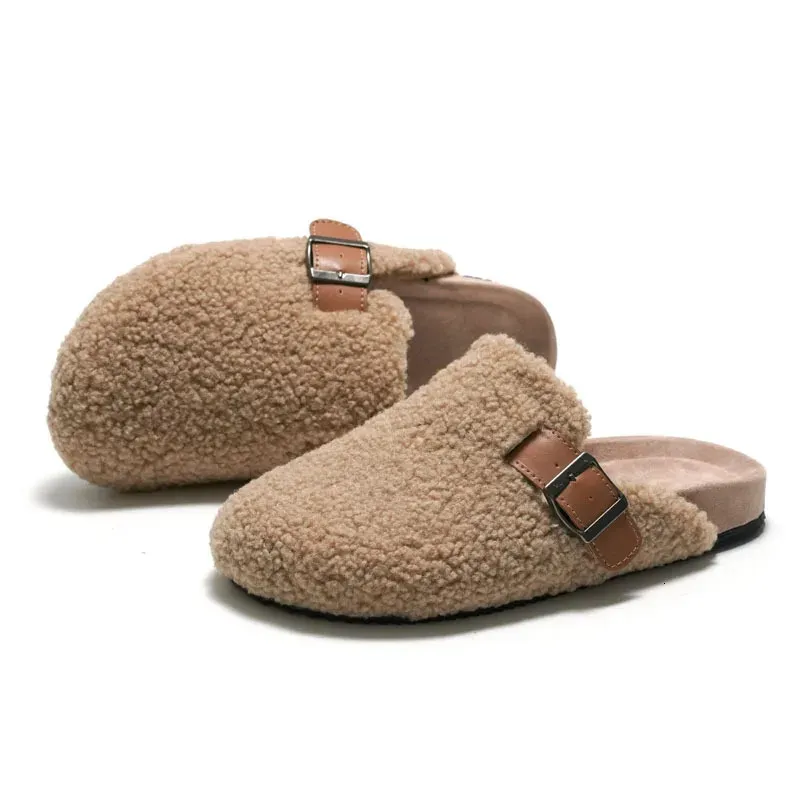 Pantoufles Classique ceinture boucle liège pantoufles femme/hommes unisexe laine d'agneau curseurs hiver fourrure appartements sabots diapositives dames laine Pantuflas chaussures 231019