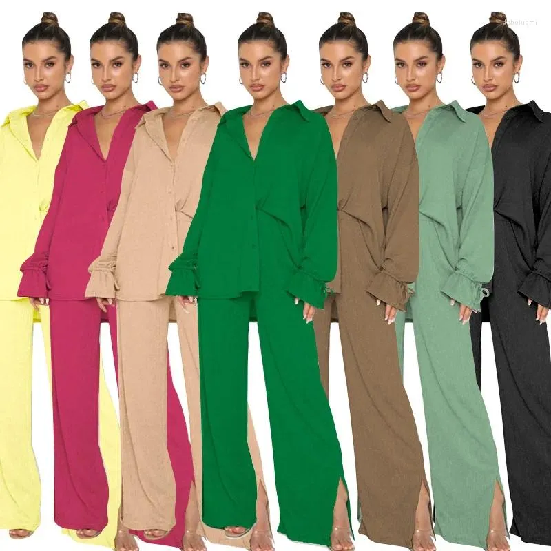 Kvinnors tvådelar Pants 2023 Autumn/Winter European och American Solid Polo Collar Single Breasted Long Sleeve Lace Top Fashion Set