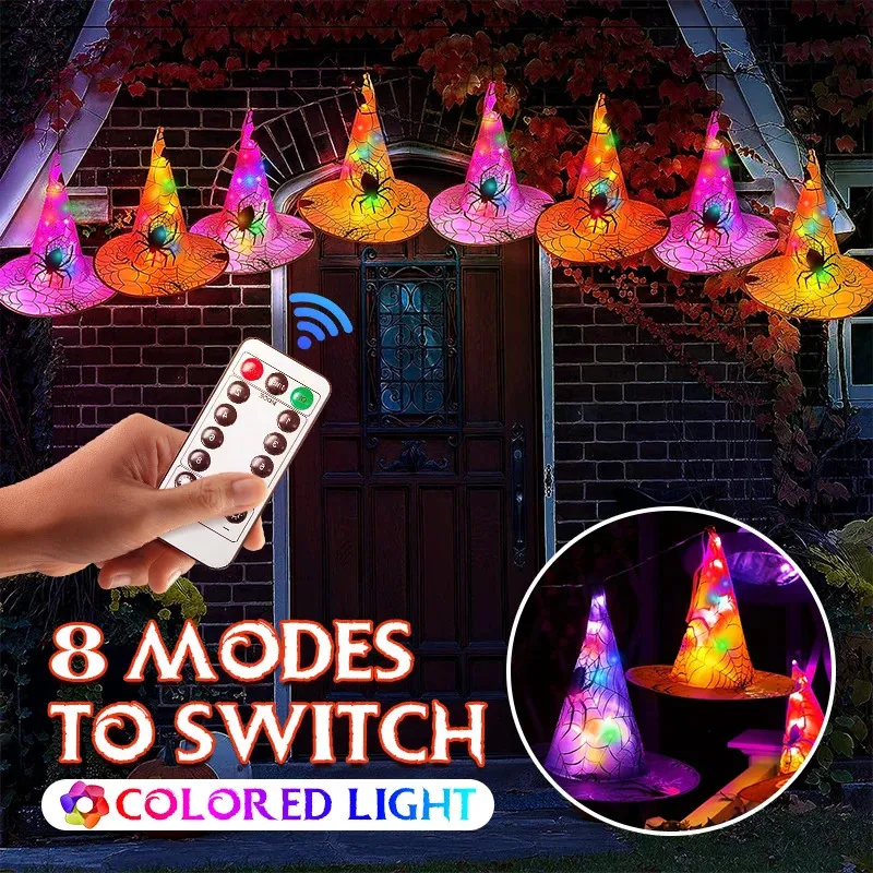 Halloween Toys Halloween Glowing Witch Hat Hanging Colorful LED Lighting Hat Suspension Tree Glowing Hats Decor för utomhus hemfest rekvisita 231019