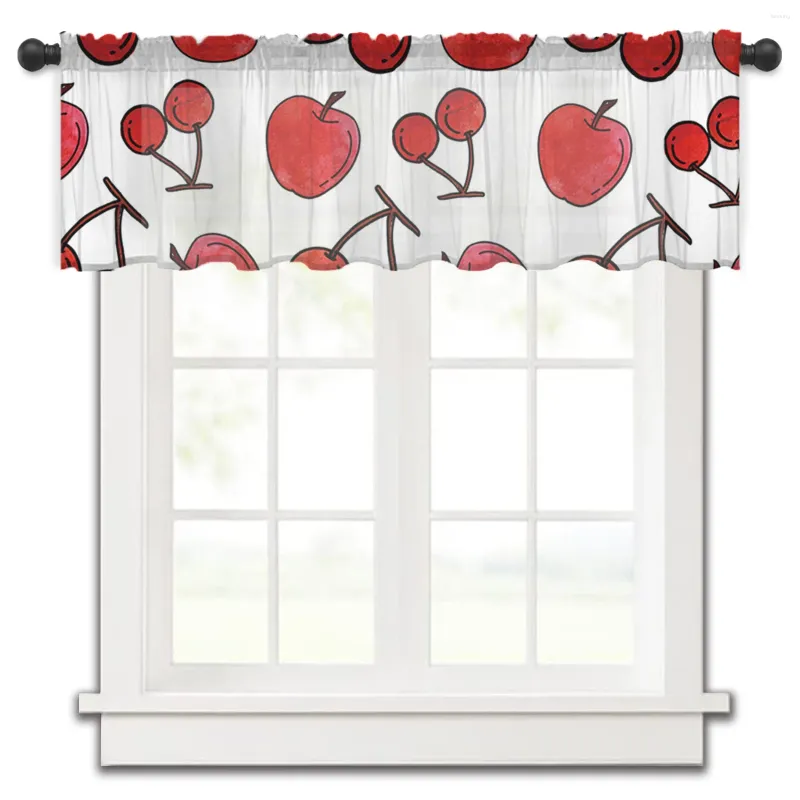 Vorhang, rot, Aquarell, reife Kirschen, Winter, kurze, transparente Fenster-Tüllvorhänge für Küche, Schlafzimmer, Heimdekoration, kleine Voile-Vorhänge