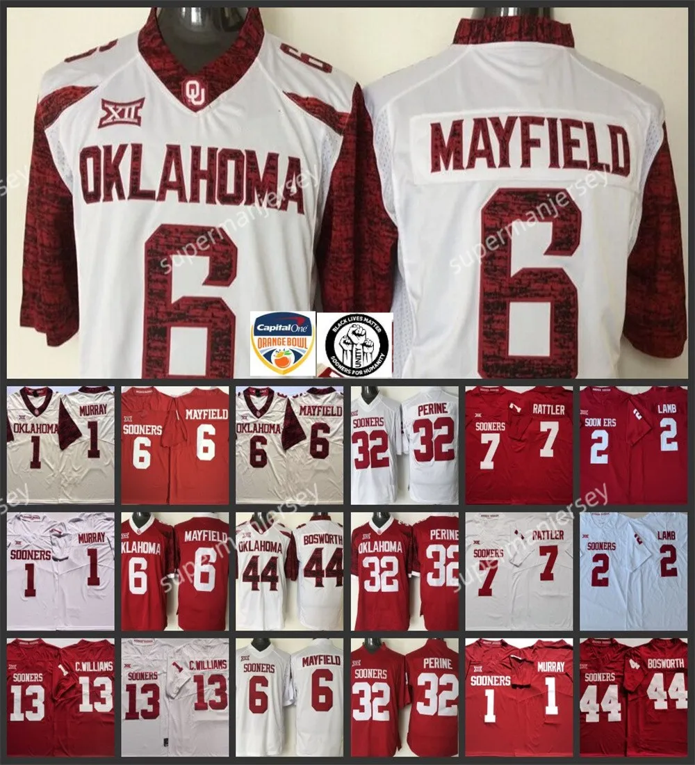 Oklahoma Sooners Camisas de futebol 1 MURRAY 2 LAMB 6 MAYFIELD 28 PETERSON 32 PERINE NCAA College Football Jersey