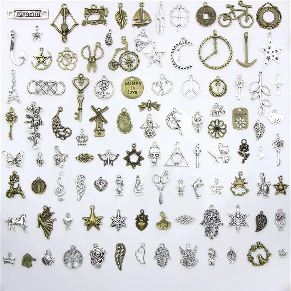 Assorted 100 Designs Snowflake Christmas Tree Skull Moon Star Key Clock Crown Charms Pendants DIY Necklace Bracelet Jewelry 100218r