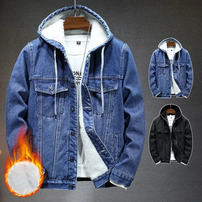 Herenjassen Denim jack met capuchon Retro herfst- en winterjas Plus fluwelen windjack Verdikt warm voor heren 231018