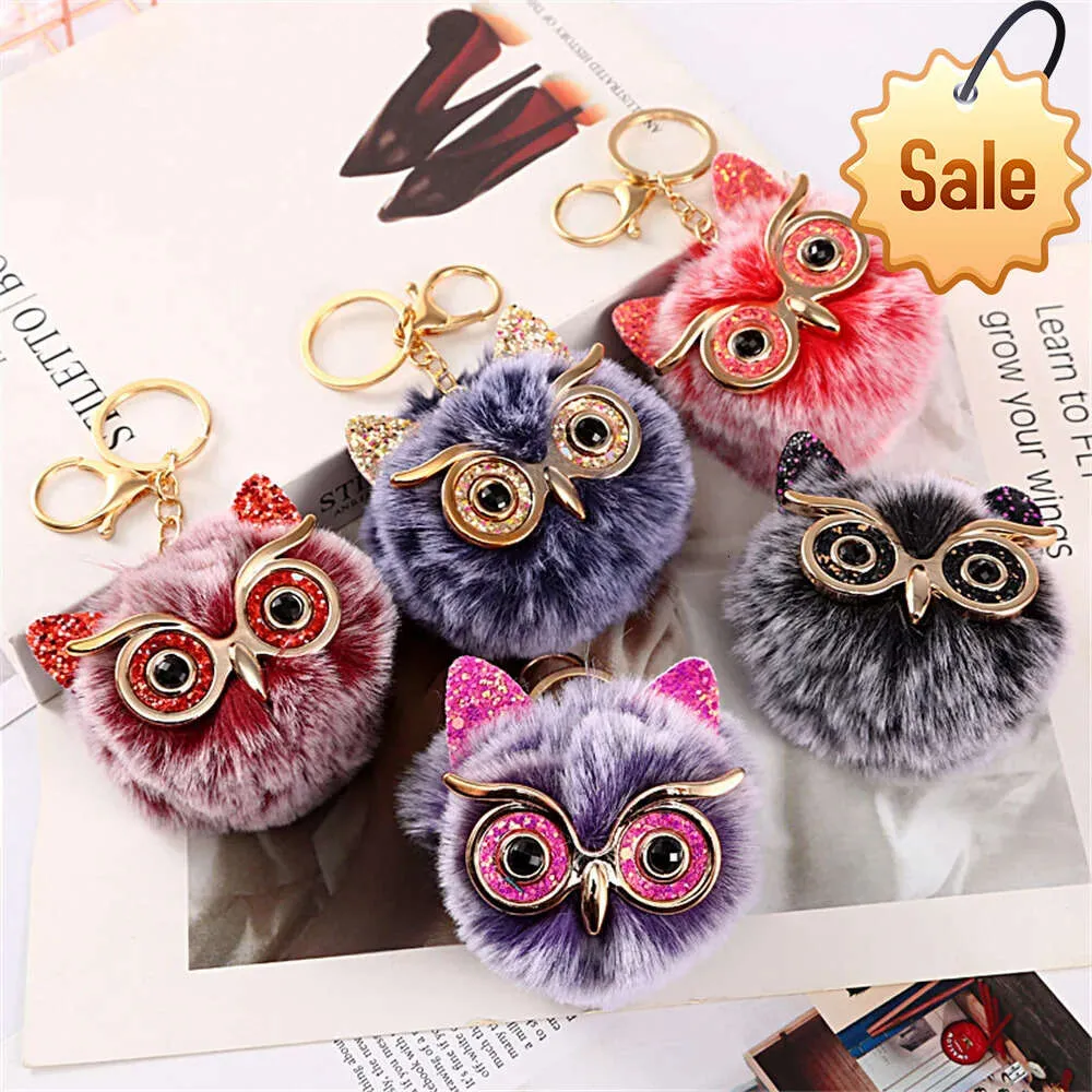 Gold Pink Sequin Big Eye Owl Key Chain Hair Ball Pendant Accessories Imitation Rex Rabbit Wool Lady Bag Key Ring Gift
