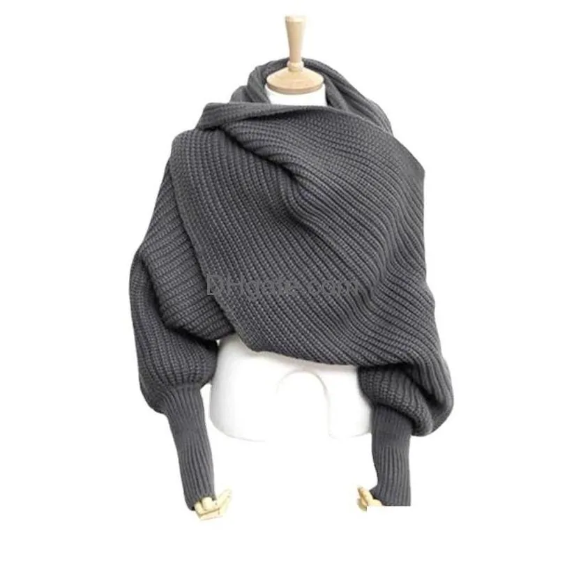 Scarves European Style Winter Women Long Scarf With Sleeves Wool Knitted For Thick Warm Casual Shawl High Quality Sweater Drop Deliv Dhkwp