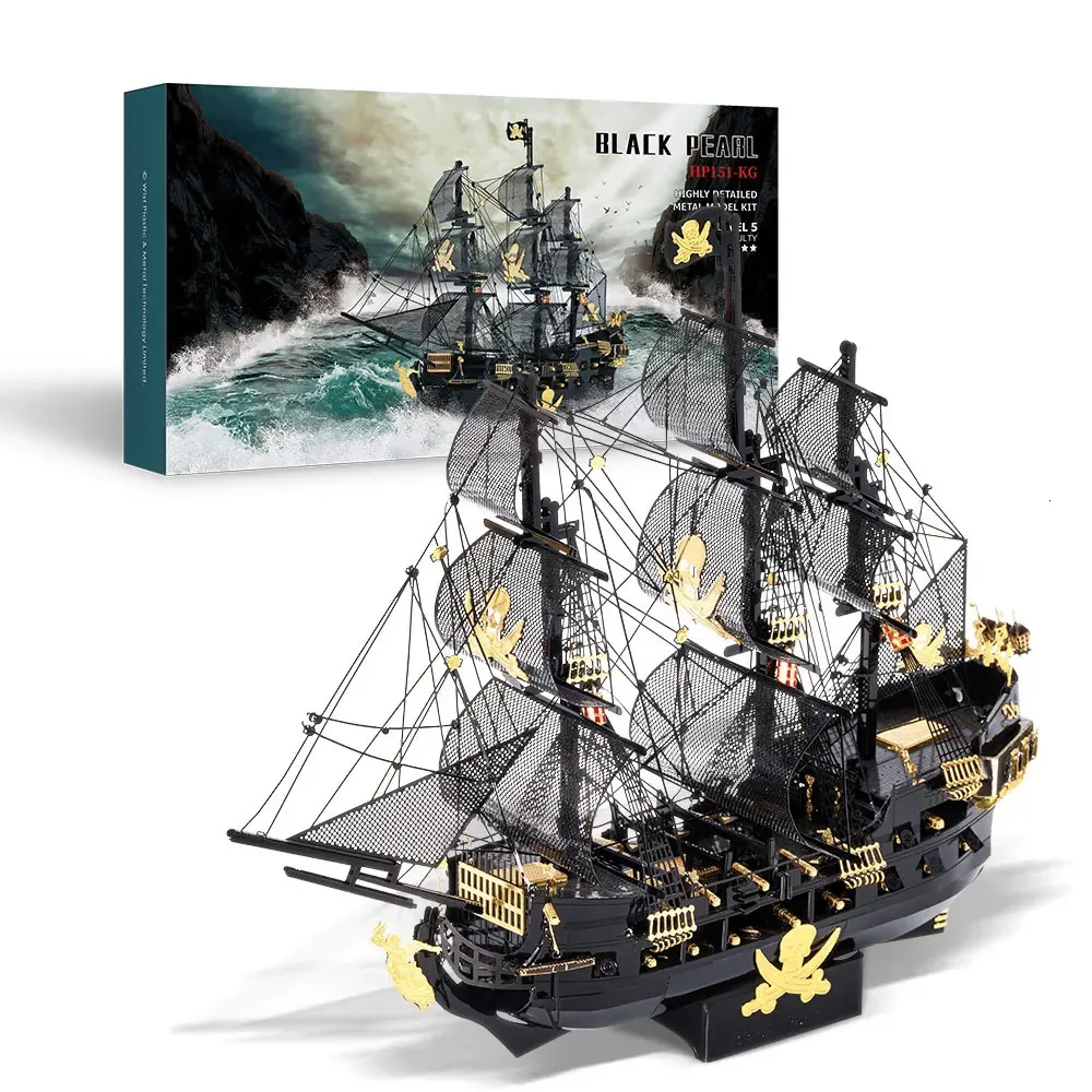 Accessori per case delle bambole Piececool Puzzle 3D in metallo The Black Pearl Jigsaw Modello di assemblaggio Kit Fai da te Nave pirata per regali di compleanno per adulti per adolescenti 231019