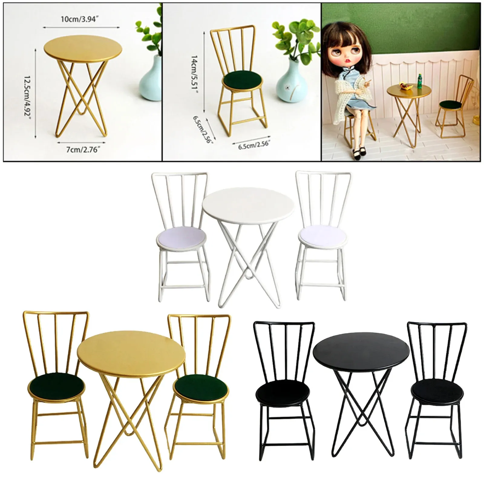 Doll House Accessories 1 6 Metal Dollhouse Miniature Furniture Table Chair Set Decoration Doll Accessories Gift Toys for Kids 30cm Doll For Blyth Barb 231018