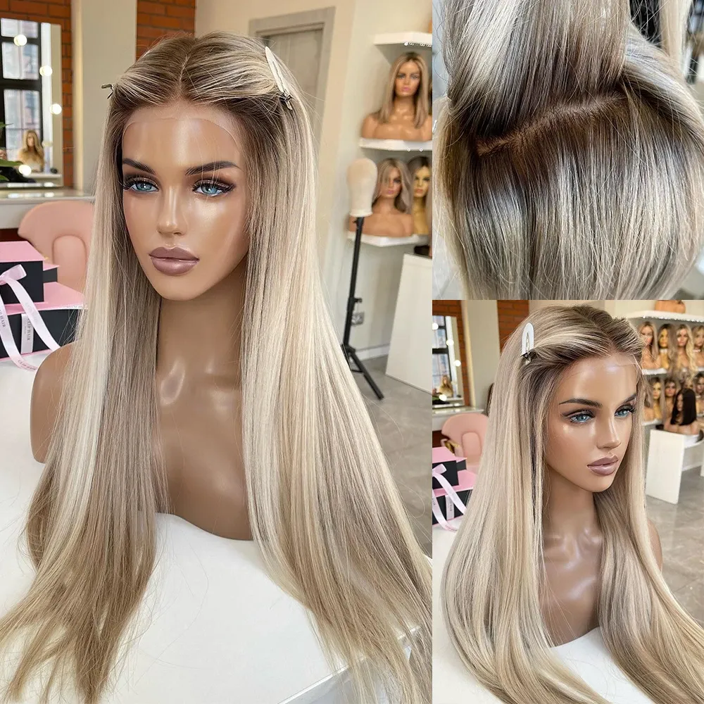 Long Peruvian Soft Hair Highlight Full Lace Front Wigs Light Ash Blonde Roots Swiss HD Transparent Lace Frontal Glueless Wig 200%