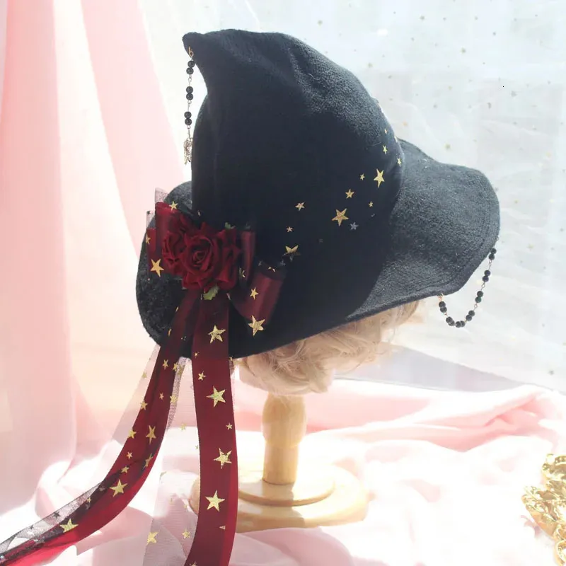 Halloween Toys Vintage Star Magic Girl Gothic Wizard Hat Lolita Halloween Witch Hat Accessories Props Bead Chain Bow Rose Party Peaked Cap 231019