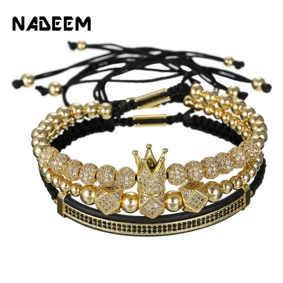 3Pcs Set Couple CZ Crown Bracelet Sets For Men Gold Pave Cubic Micro Charm Women Braided Bracelet Sets Pulseira Bileklik229g