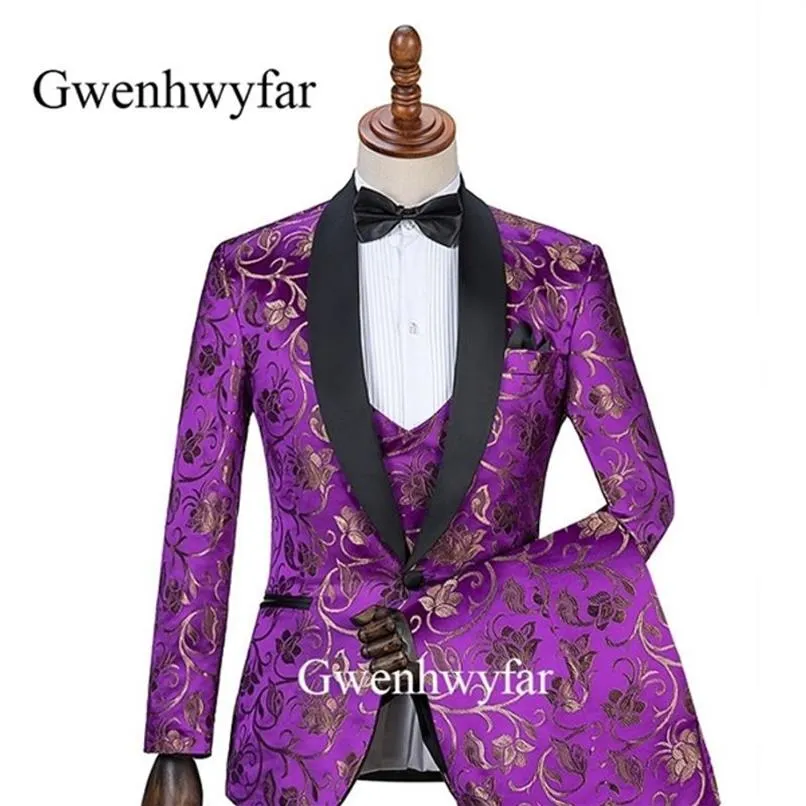 GWENHWYFAR 2019 Advance Style Shawl Black Lapel Groom Tuxedos Gold Floral PurpleMen Suits Wedding ManジャケットパンツベストX0276W