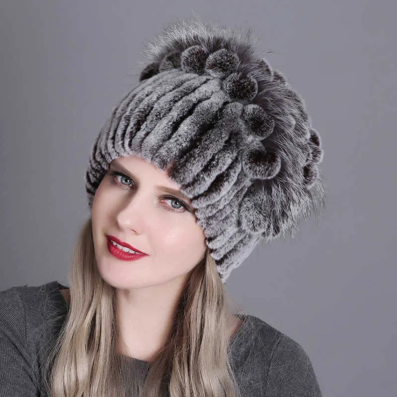 Women's winter new warm fashion thickened wool hat Rex Rabbit Fur grass hat knitted with side Flower Hat 231015