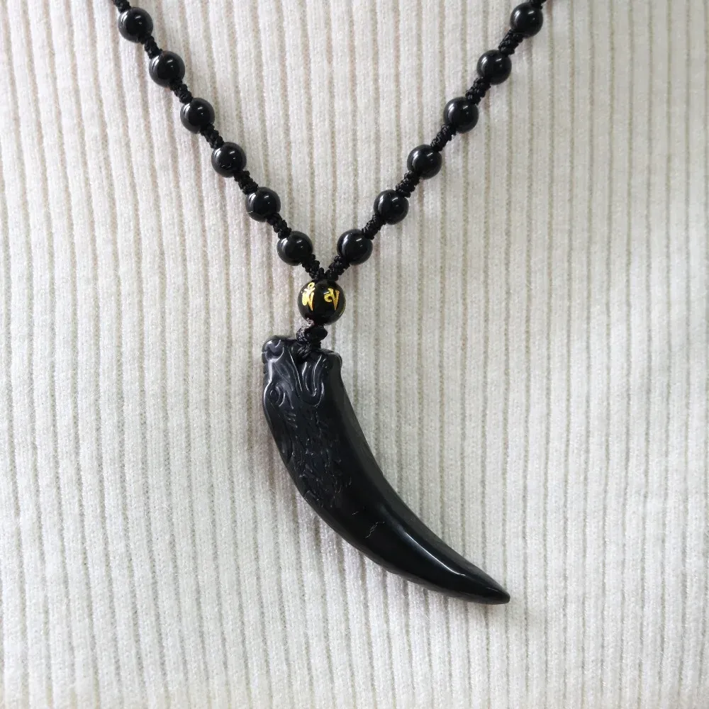 Natuur Obsidiaan Wolf Tand Hanger Kettingen Lucky Kralen Touw Kettingen Zwarte Obsidiaan Amuletten Kettingen Sieraden