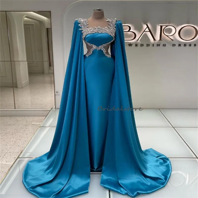 Stylowy niebieski saudyjska arabska sukienka wieczorowa 2024 CAPE Rękawy z koraliki Dubai Turkey Sukienka Mermaid Birthday Formal Targe Dress Vestidos de Noche Abayas Chic