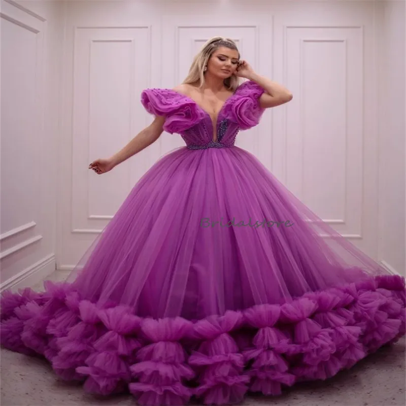 Superbes robes de Quinceanera violettes 2024 robe de bal perlée gonflée douce 15 robe robes De Xv Anos 16 Charro volants robes d'anniversaire Debutantes mascarade bal