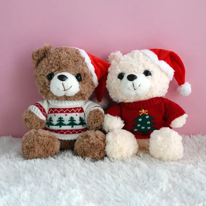 Рождественский плюшевый мишка в шапке Санты и шарфе, милый плюшевый мишка, плюшевые игрушки, мягкие игрушки, подарки для ребенка