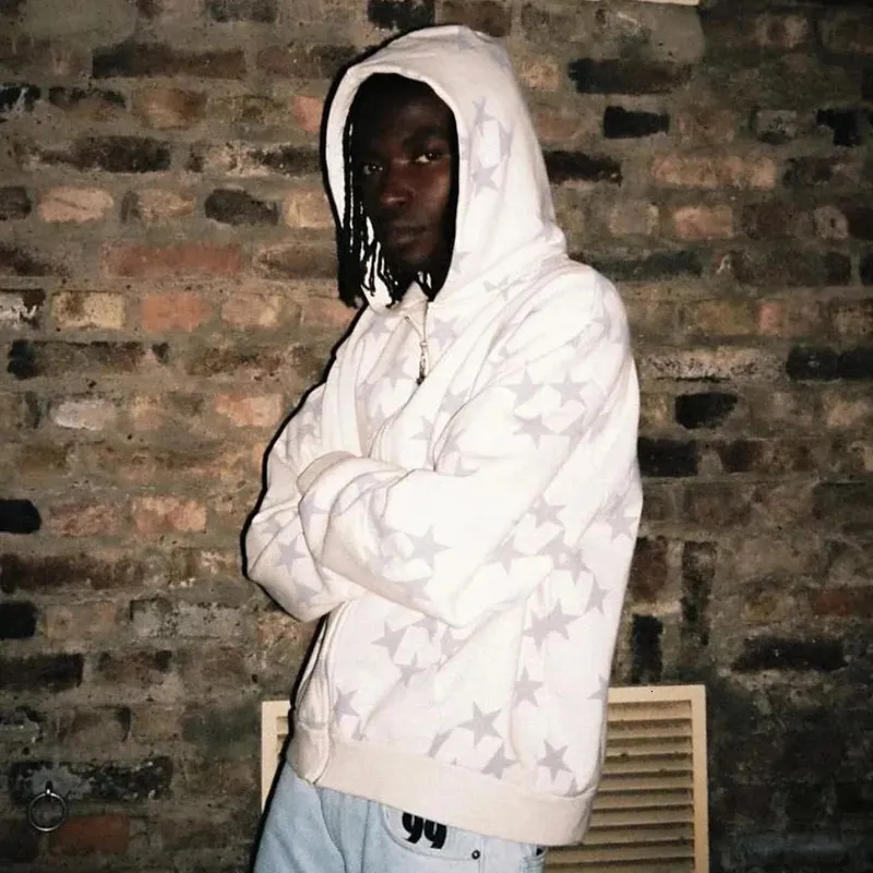 Vintage Star Pattern Grey Zip Up Hoodie For Men And Women Y2K