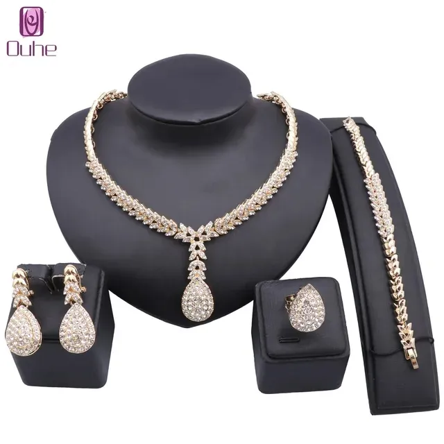 Women Italian Gold Color Crystal Necklace Earrings Bracelet Ring Wedding Party Gift Jewelry Sets Free Shipping