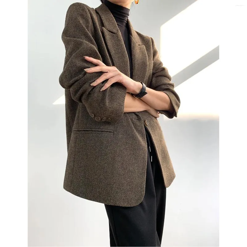 Women's Jackets Autumn And Winter Loose Woolen Casual Suit Top Retro English Herringbone Pattern Small Jacket Short