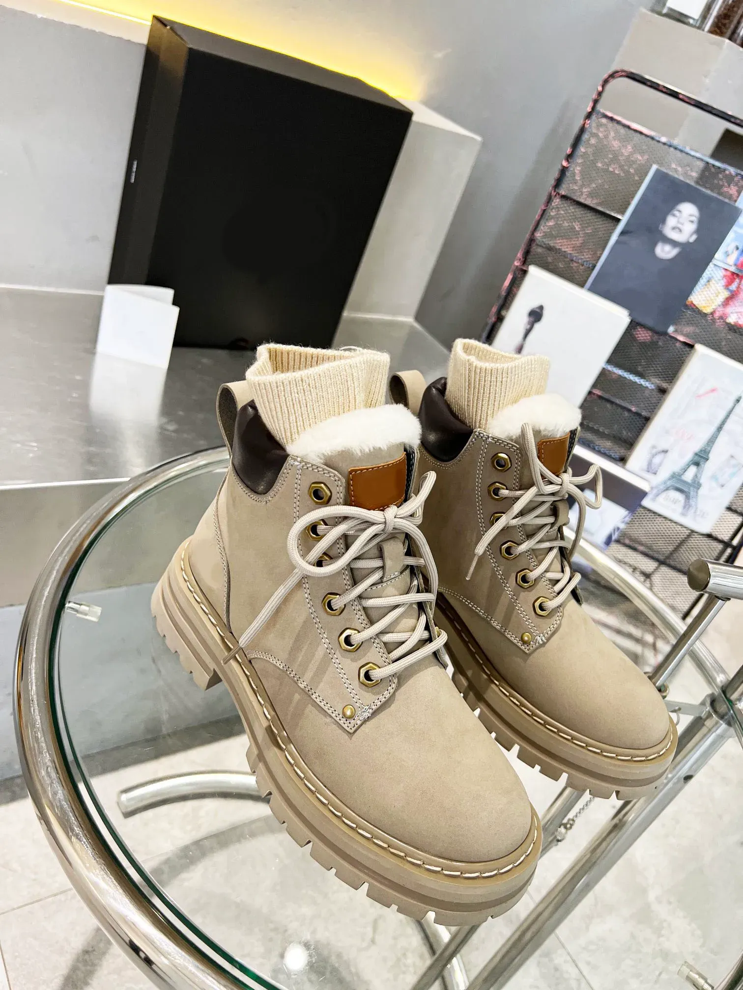 Designer Brand Boots Winter Brown New Black Women Ankle Bootss Plus Cotton Socks Women`s Shoes Non-Slip Beige Flat Boots with Box 35-40