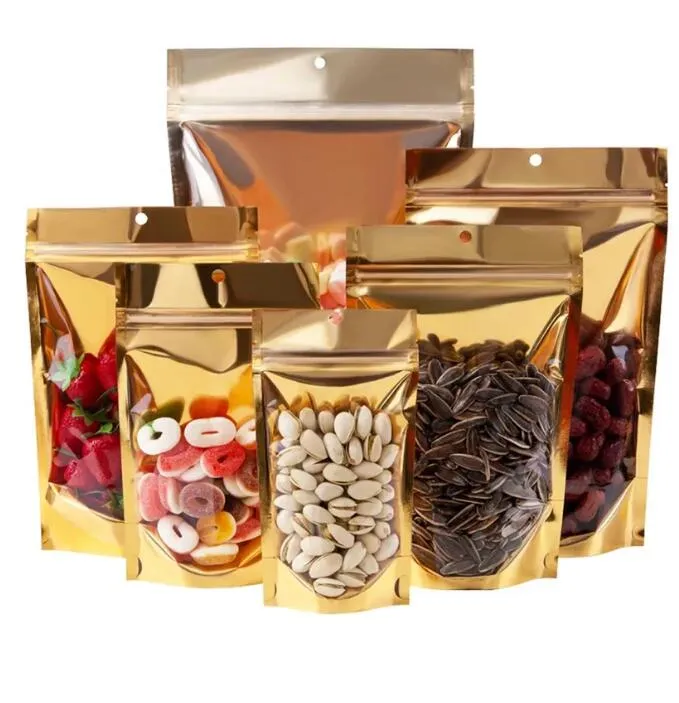 Gold Aluminum Foil Stand Up Bag with Hang Hole Tear Notch Self seal Waterproof Food Candy Coffee Storage Packaging Pouches