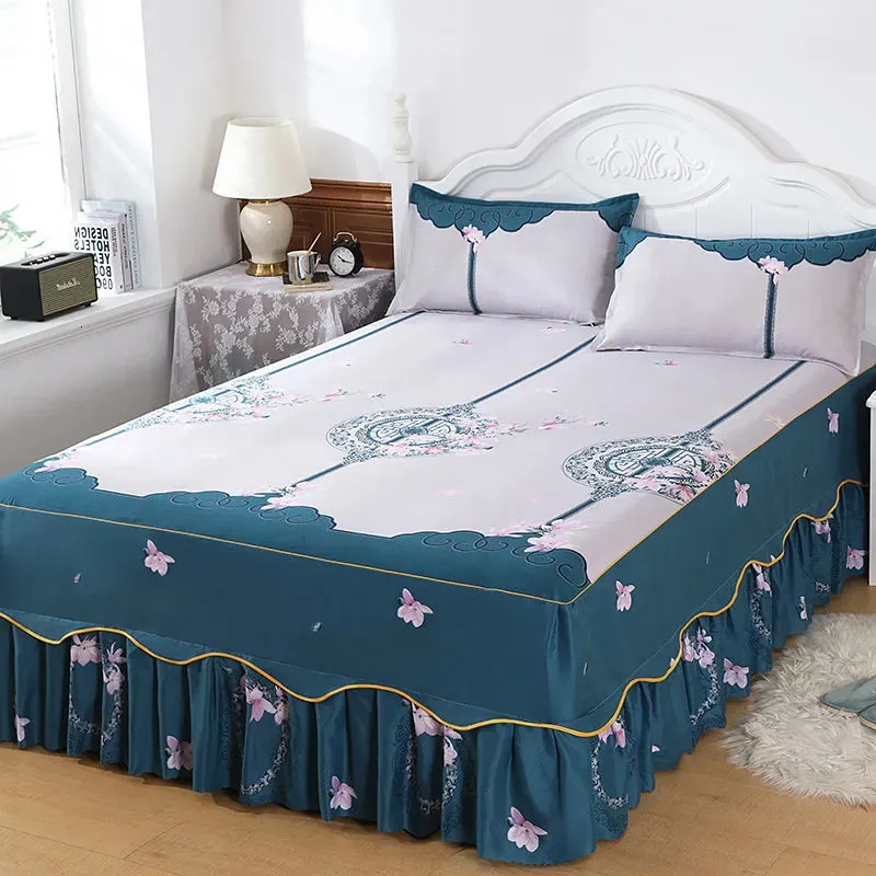 Saia de cama 3 peças lençol de renda saia de renda elástica colcha dupla com fronhas capa de colchão conjunto de cama elástico king size 231019