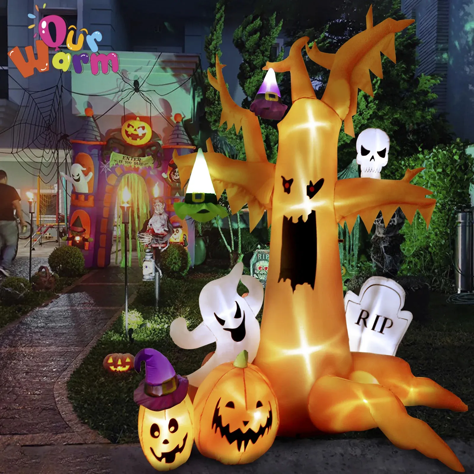 Brinquedos de Halloween 8 pés assustador Halloween árvore morta inflável com abóboras fantasmas lápide decoração ao ar livre com luz LED festa de gramado à prova d'água brinquedos 231019
