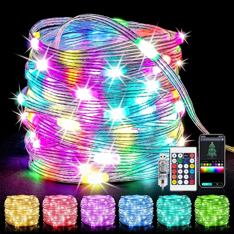 Christmas Decorations LED Fairy Lights USB Powered Smart String Bluetooth Control DIY Color Changing Rainbow for Bedroom Party 231018