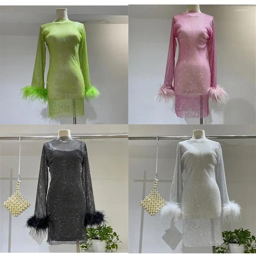 Casual Dresses Elegant Crystal See Through Fishnet Embellished Mini Pink Nightclub Dress Long Sleeve Feather Mesh248F