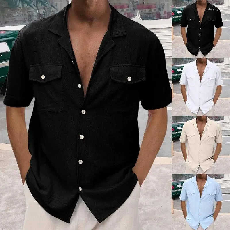 Men's Casual Shirts 2023 Solid Color Pure Cotton Breathable Cardigan Short Sleeve Double Pocket Shirt