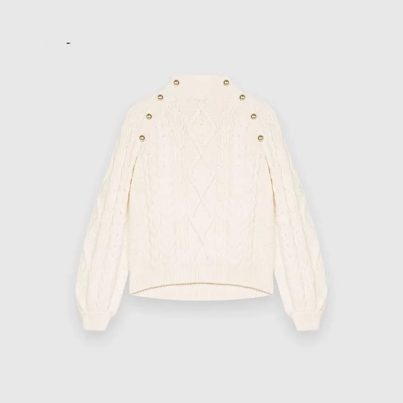 2023 Autumn/Winter New Commuter M Family Lazy Stand Neck Shoulder Buckle White Thread Loose Knitted Sweater