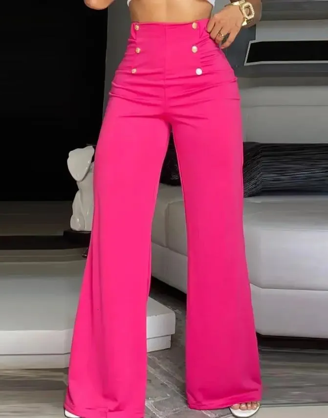 Damesbroeken Zomer Vrouwen Knop Decor Hoge Taille Wijde Pijpen Elegante Losse Broek Koreaanse Mode Streetwear 231018