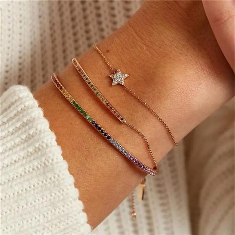 2021 Новая мода модные европейские женские ювелирные изделия Micro Pave Rainbow CZ тонкий браслет Whole180c