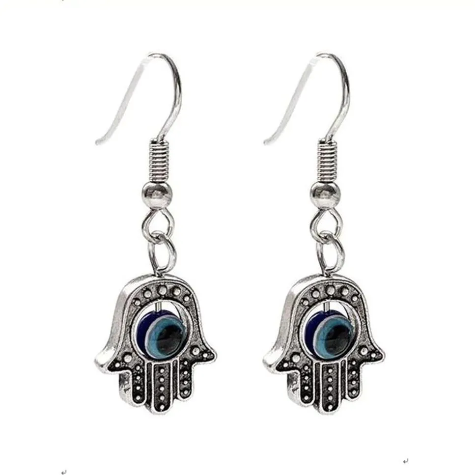 Antique Silver Fatima Hand EVIL EYE Earrings With Fishhook Ear