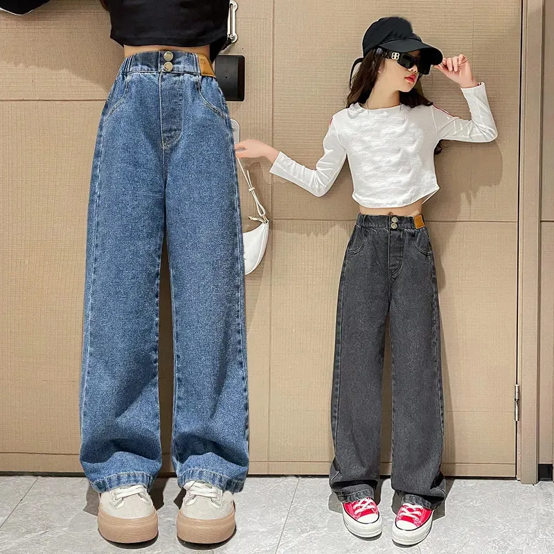Jeans meninas jeans outono casual solto lado gradiente cor jovens crianças largas calças de perna 8 10 12 13 14 anos adolescente escola crianças calças 231019