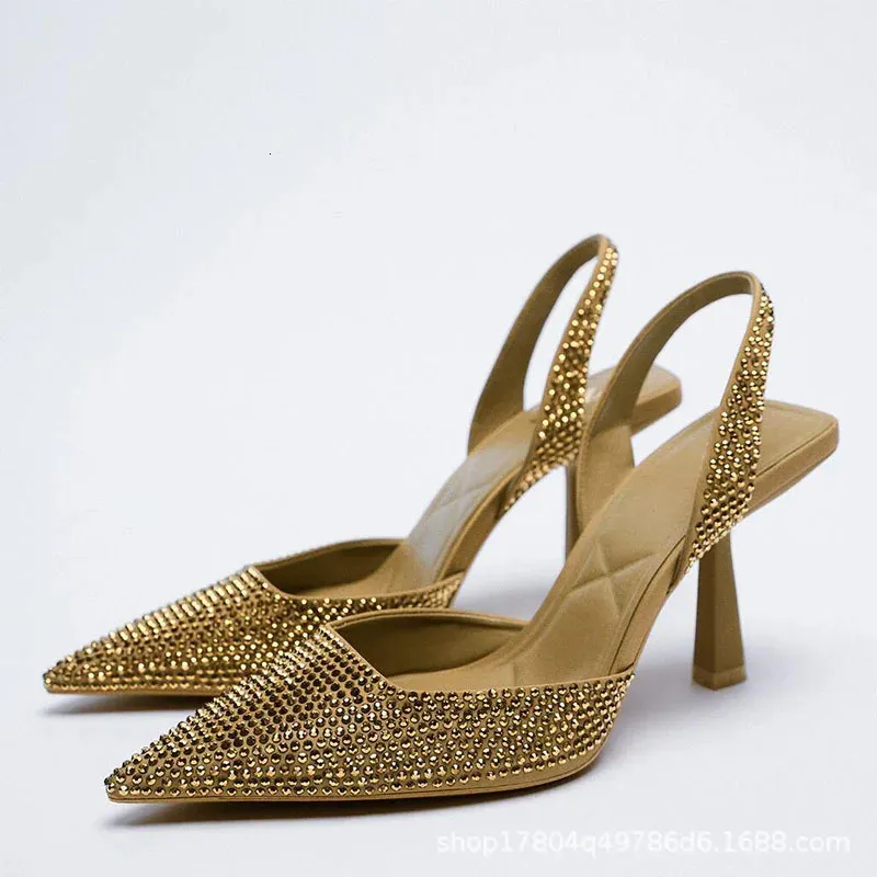Sandalet Altın Kadın Topuklar Yaz Kristal Ayak Toe Kadın Stiletto Afrika Parti Rhinestone Sığ Kaymaz Topuk Ayakkabıları 231019