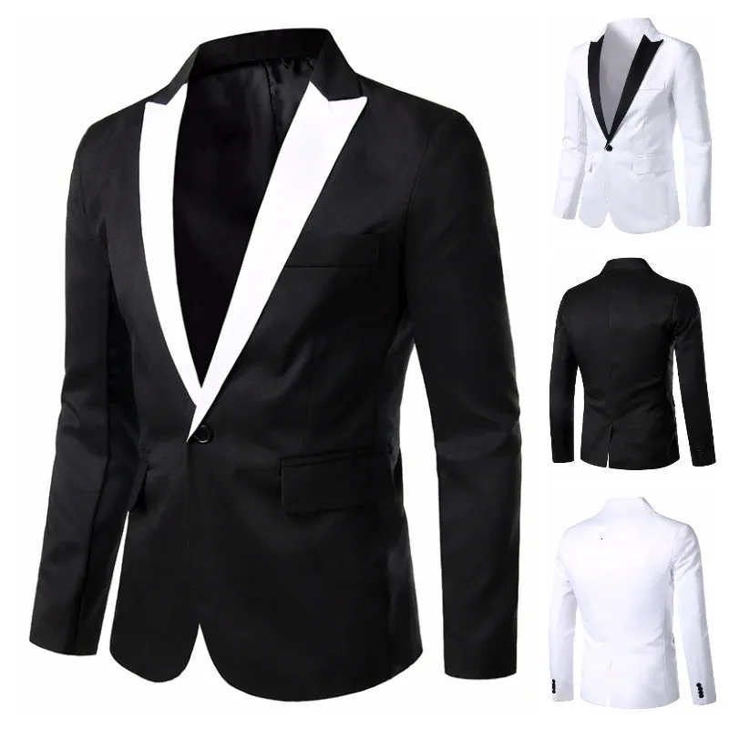 Costumes pour hommes Blazers Costume d'arrivée costumes à bouton unique pour hommes coupe ajustée fête mariage jolie pochette noir et blanc solide Design col Blazers 231018